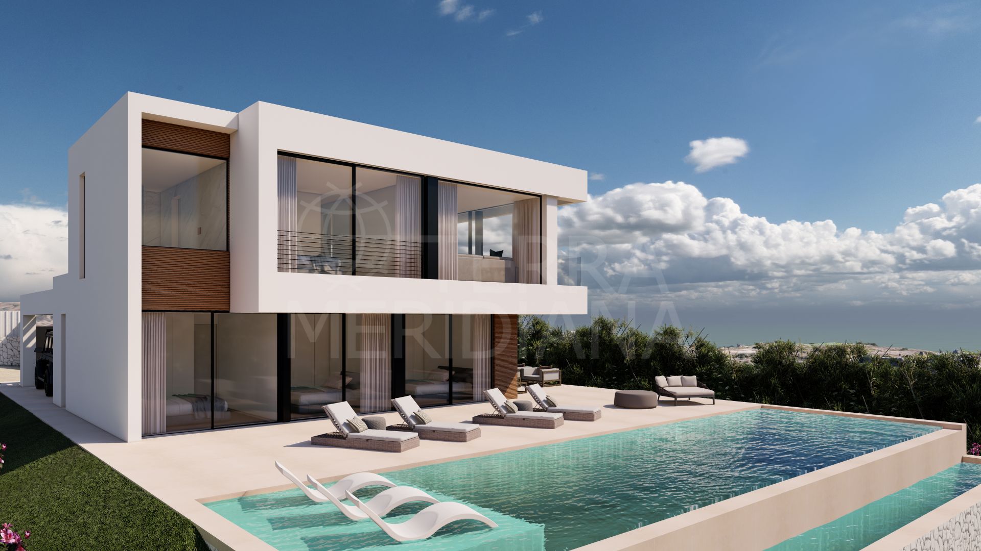 Villa sobre plano con un suave diseño contemporáneo y vistas al mar en venta en Valle Romano, Estepona