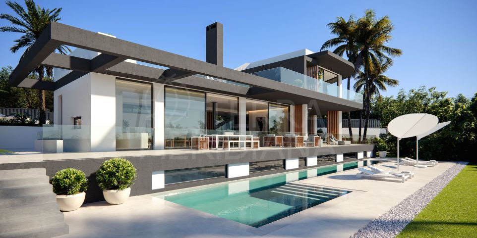 Proyecto sobre plano de una villa de lujo con vistas al mar en venta en Las Lomas del Marbella Club, Marbella Golden Mile