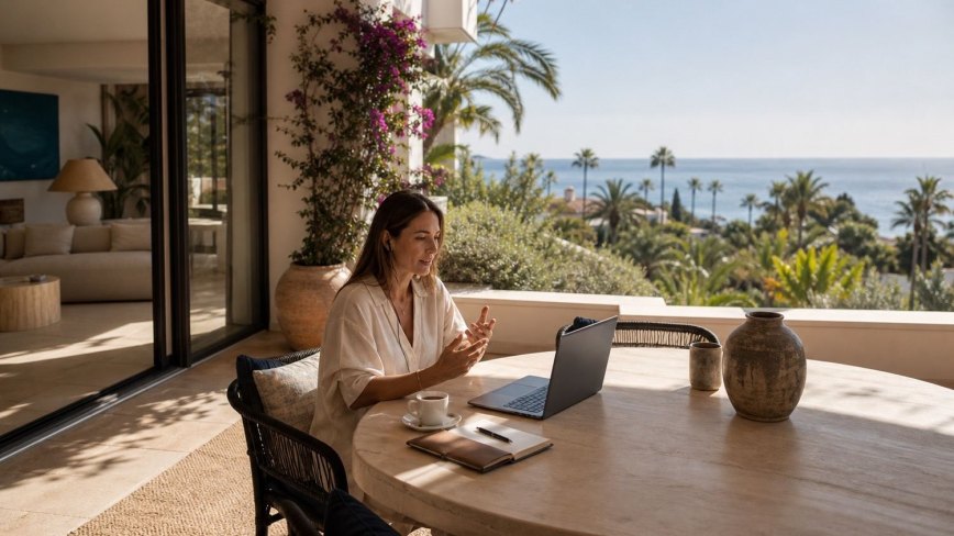 Professional joining a video conference from a sea-view apartment terrace on the New Golden Mile