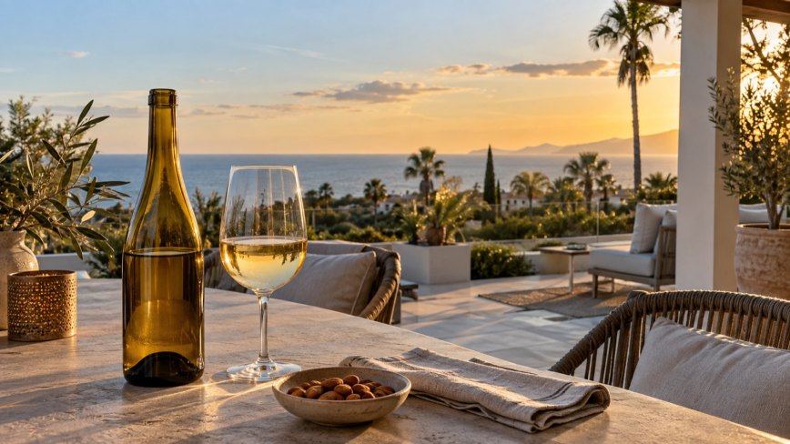 Málaga wines on a New Golden Mile terrace at sunset