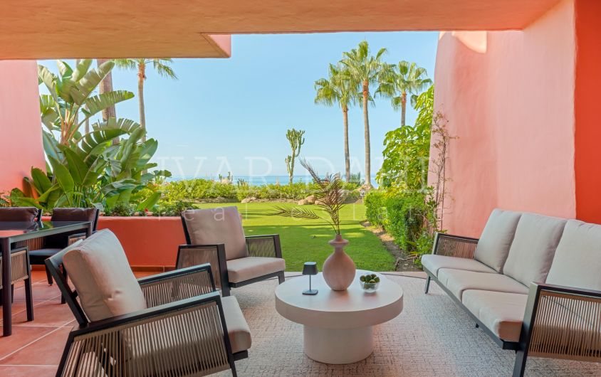 Front Line Beach Garden Apartment with sea views for sale in Cabo Bermejo, Estepona