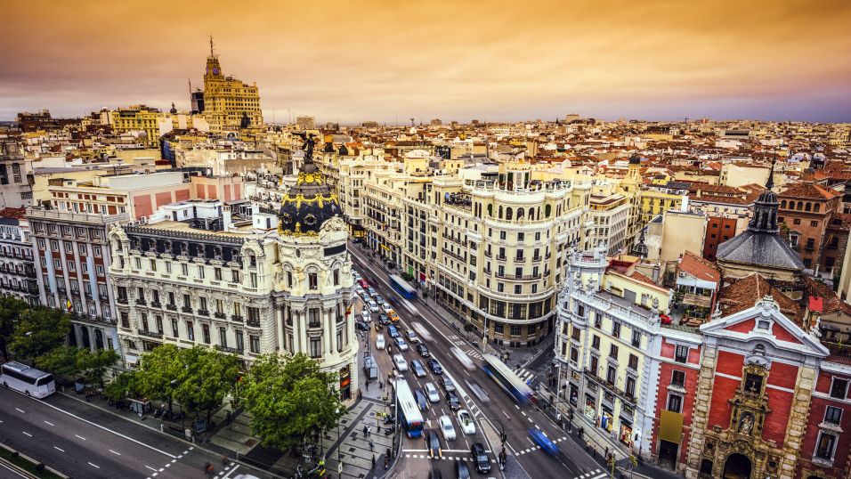 Cityscape above Gran Via, Madrid, Spain