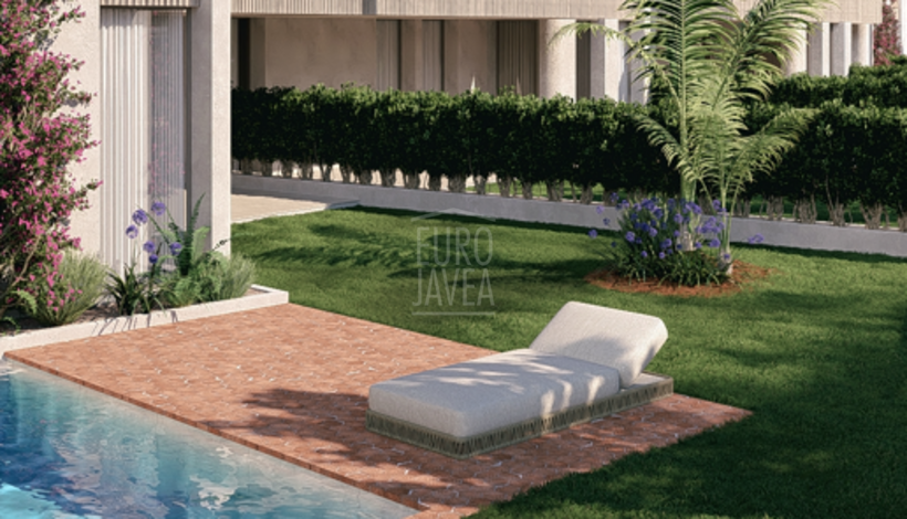 Ground-floor apartment with large garden and private pool in Blooming Village Residential, Jávea