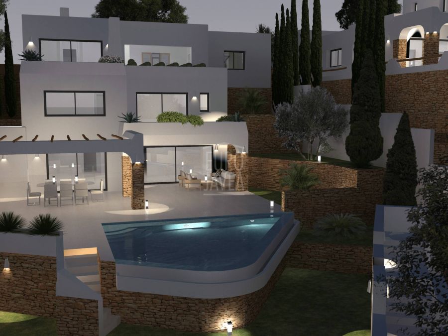 Luxueux complexe de villas de style ibicenco, à quelques pas de la mer à Moraira