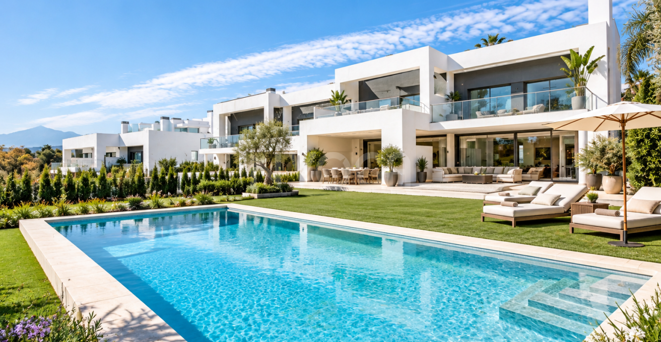 Elegancia contemporánea, privacidad y máximo confort en una exclusiva villa de esquina con jardín y piscina privada, amplias terrazas y espectaculares espacios interiores, ubicada en el prestigioso entorno de Guadalmina Alta, San Pedro Alcantara.