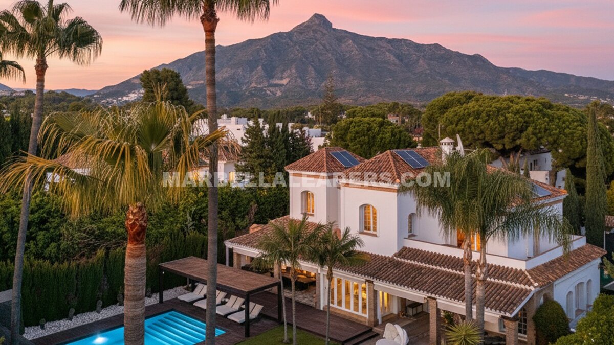 Exceptional French Provençal villa in Aloha Golf Valley with 5 bedrooms, heated pool and mature Mediterranean gardens.