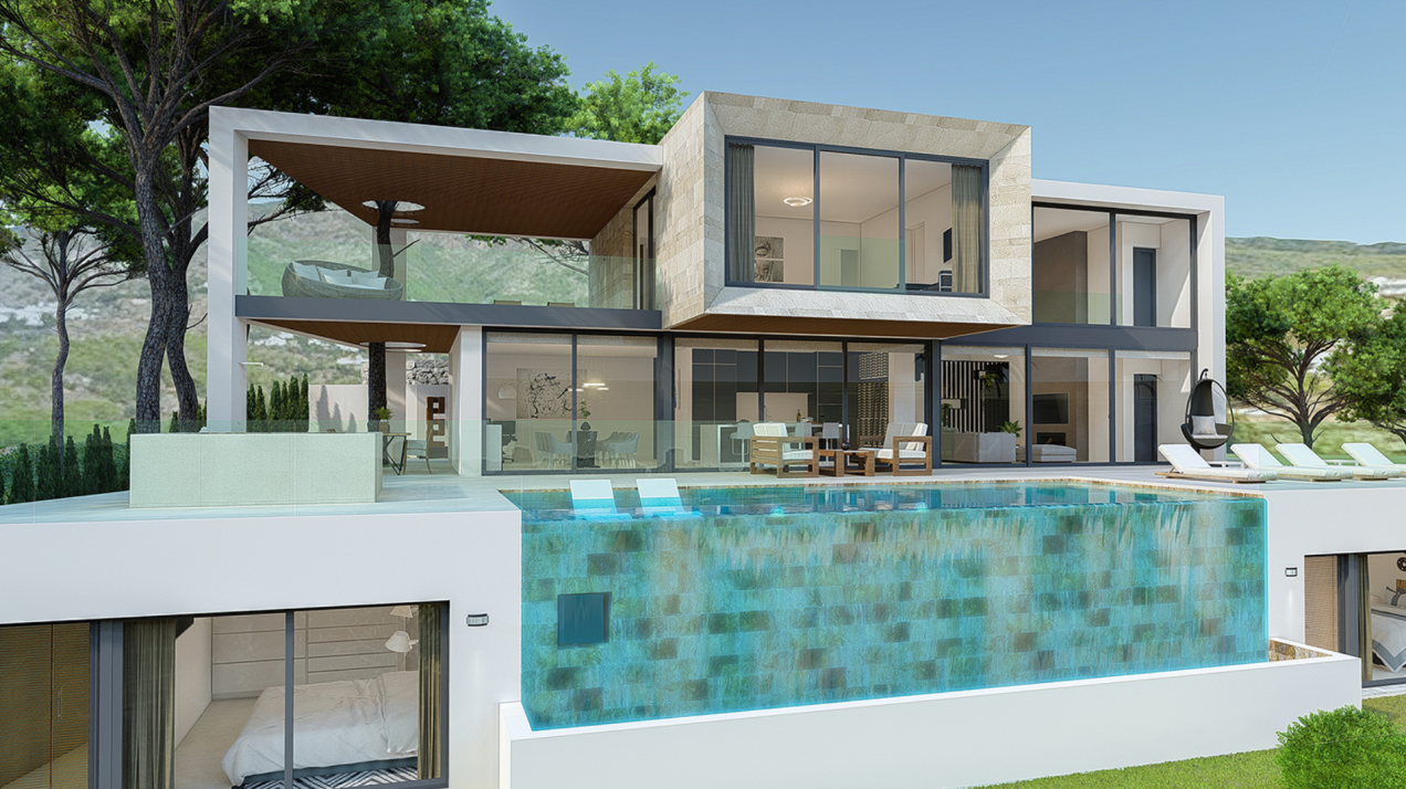 Villa llave en mano con ascensor, piscina y panorámicas vistas al mar en Mijas