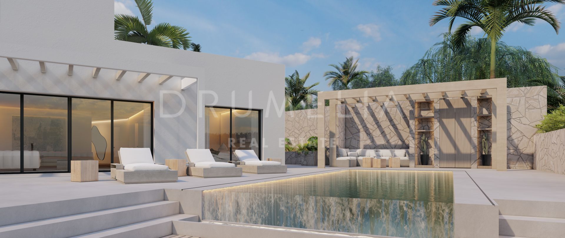 Prachtige luxe villa in hedendaagse stijl te koop met een opknapproject in Elviria, Marbella Oost