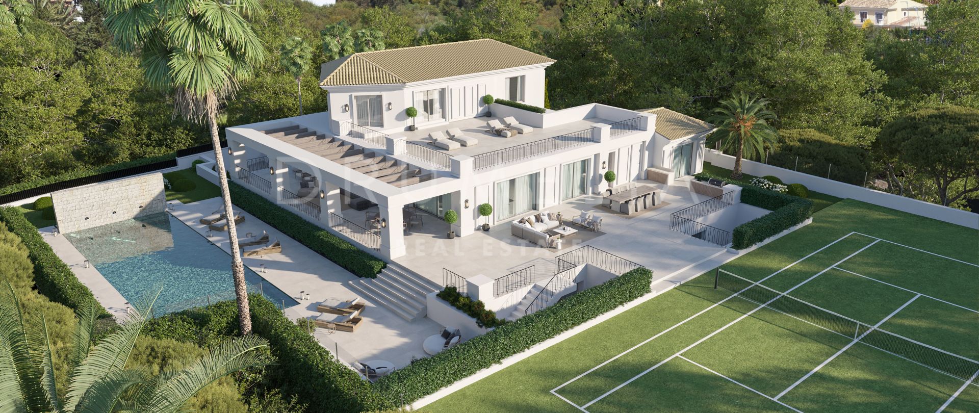 Villa de luxe moderne et élégante, flambant neuve, avec vue sur la mer et court de tennis, sur le Golden Mile de Marbella