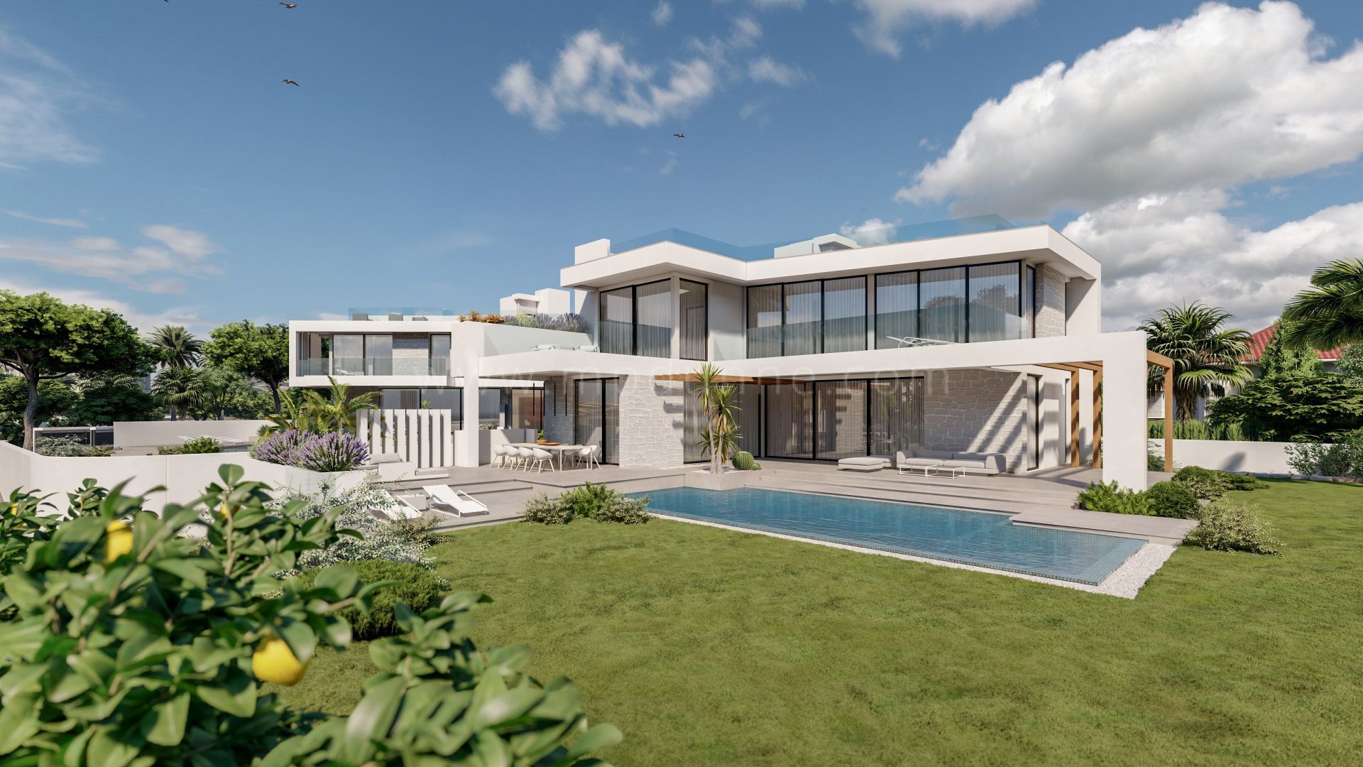 Villas modernes en cours de construction à côté de la plage de Marbesa, Marbella