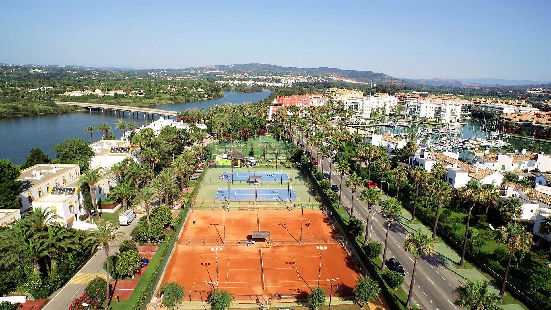 Drone View of El Octógono Paddle Tennis Club, located in Marina Sotogrande.