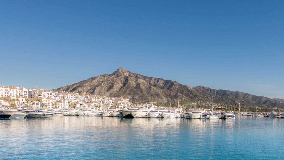 Puerto Banus from sea, with La Concha mountain, Marbella