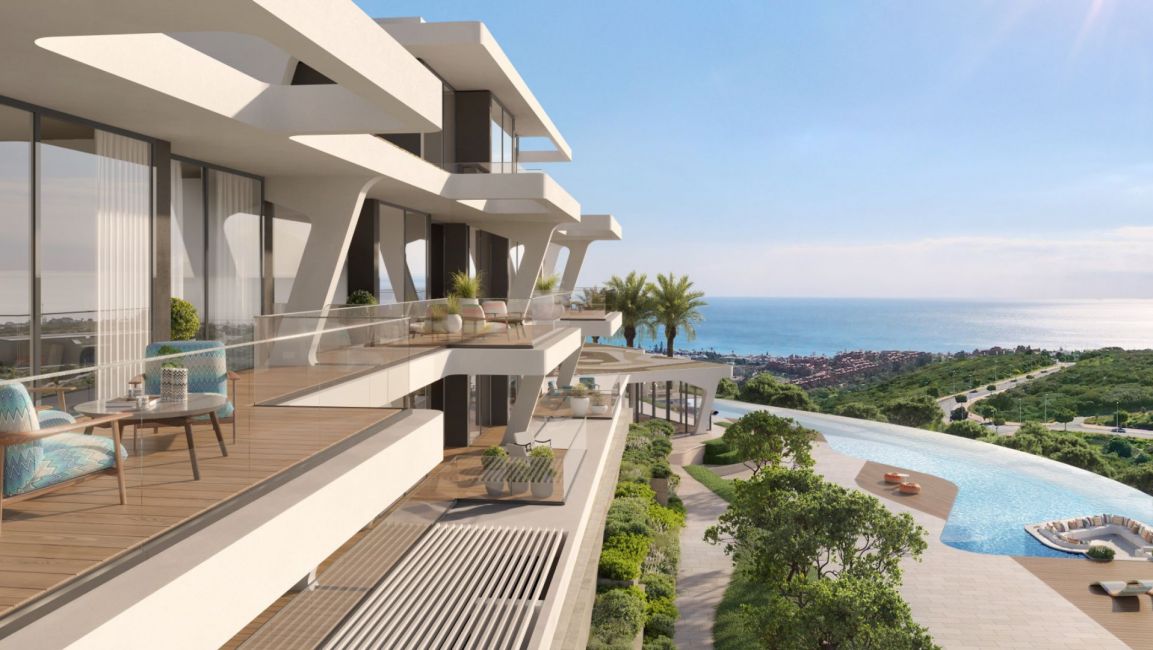 Render of terraces and swimming pool of Marea branded residences, design by 