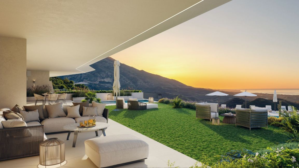Garden with mountain views in Romero luxury apartments off-plan La Quinta, Benahavis