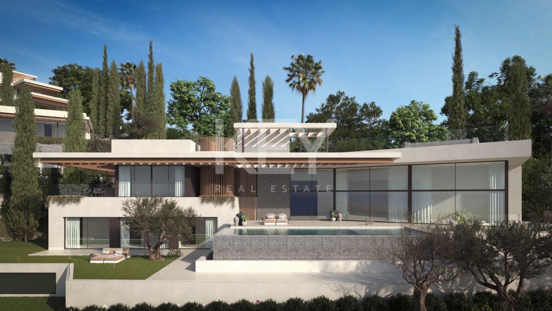 Una obra maestra de villa de diseño moderno con piscina infinita y vistas panorámicas al mar en la Milla de Oro de Marbella