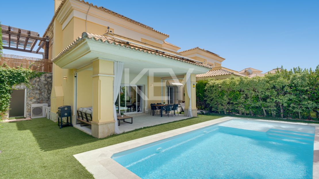 Beautiful south-facing Semi-detached Villa located within the exclusive gated community of Santa Clara Golf, Marbella