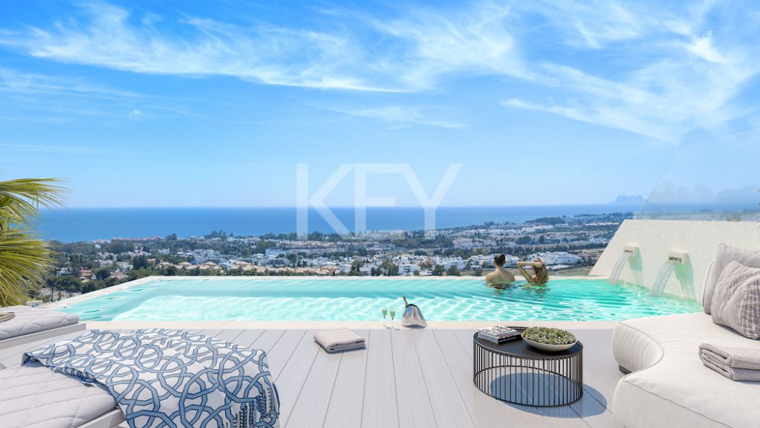 Moderna villa pareada con piscina en la azotea y vistas al mar en Nueva Andalucía