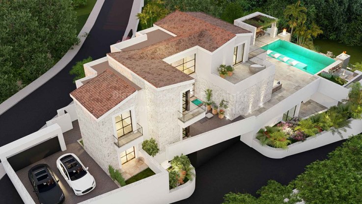 Exquisita villa de estilo mediterráneo con vistas panorámicas - Villa en venta en El Herrojo, Benahavis