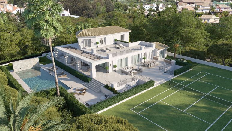 Villa de luxe moderne et élégante, flambant neuve, avec vue sur la mer et court de tennis, sur le Golden Mile de Marbella