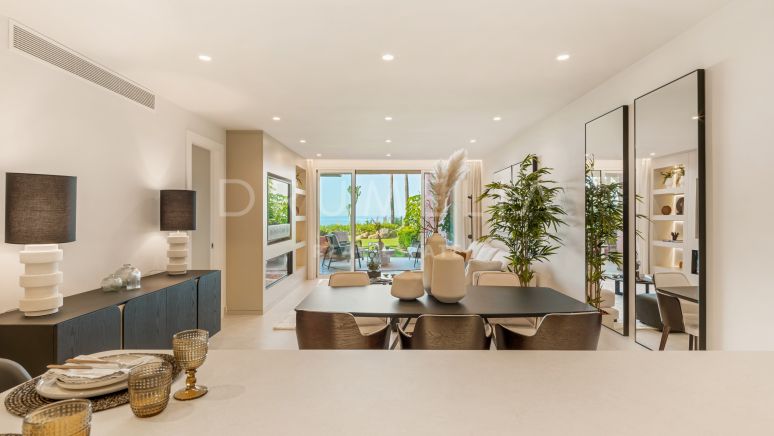 Renovated Modern luxury garden-level apartment in elite beachfront Cabo Bermejo, Estepona.