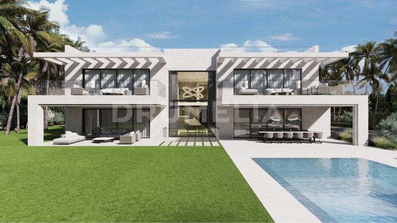Espectacular parcela con proyecto de villa moderna y vistas al mar y a la montaña en venta en Paraíso Alto, Benahavís