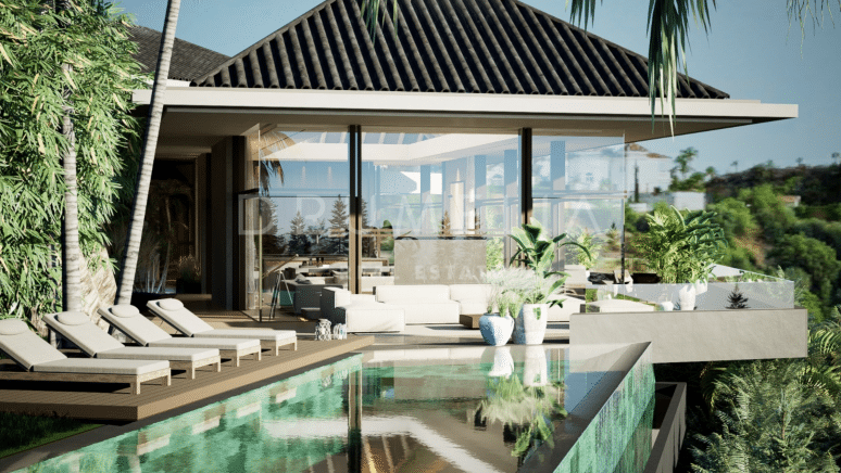 Gloednieuwe buitengewone moderne Balinese designvilla in Puerto del Almendro, Benahavis.
