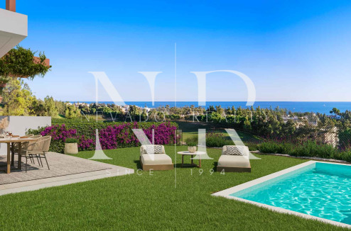 Développement de maisons de ville à Mijas Costa avec vue sur la mer en première ligne de golf en cours de construction