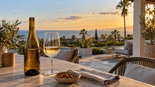 Málaga wines on a New Golden Mile terrace at sunset