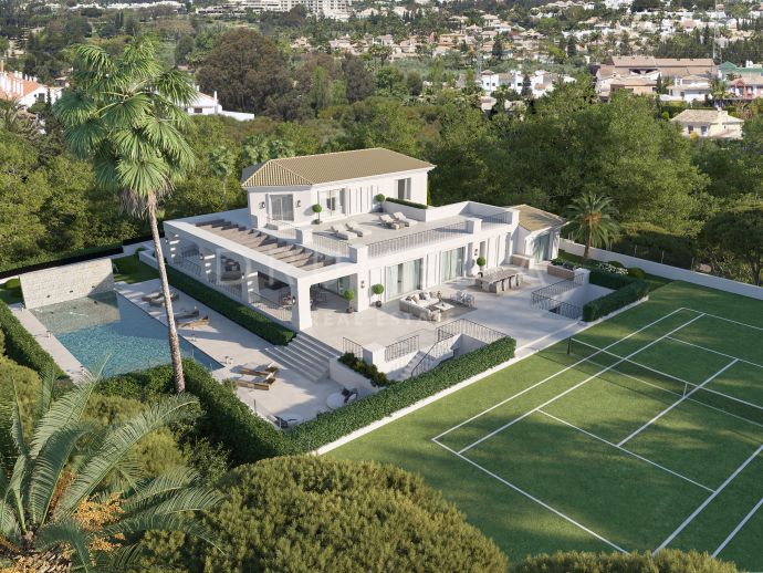 Elegante villa de lujo moderna a estrenar con vistas al mar y pista de tenis en la Milla de Oro de Marbella