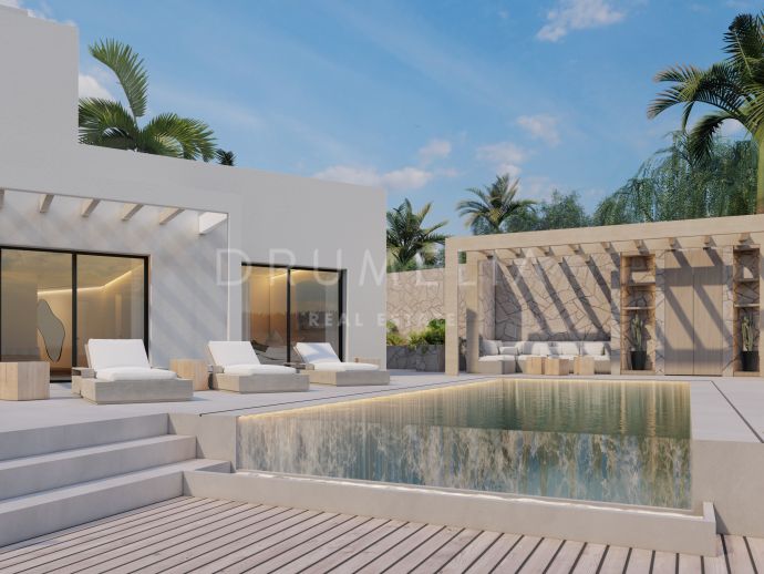 Prachtige luxe villa in hedendaagse stijl te koop met een opknapproject in Elviria, Marbella Oost