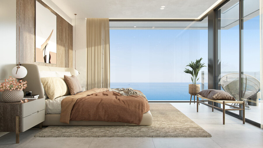 Master bedroom and views from Villa Olivo at Pinares Hills Development in Malaga