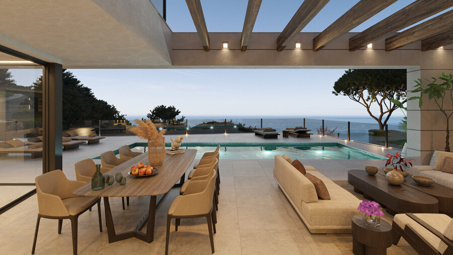 Panoramic views from dining area on the terraces of Villa Oliva, Pinares Hills Development in Malaga