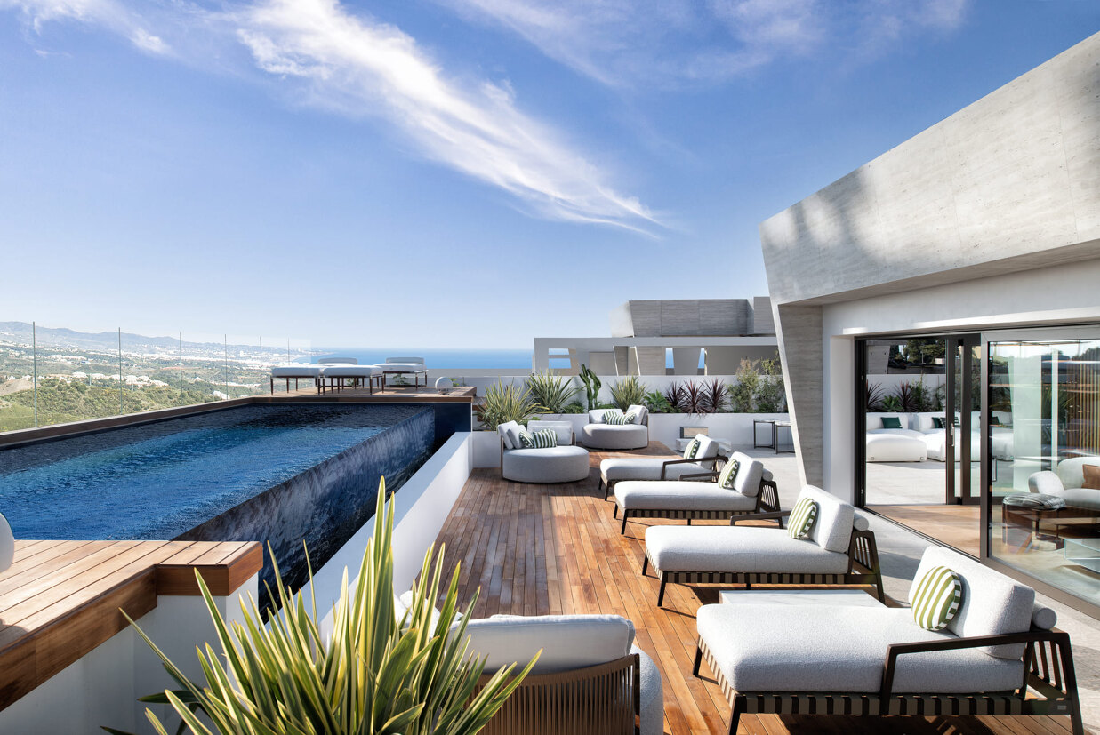 Rooftop of EPIC Marbella Development by Fendi Casa with a pool and views of Marbella