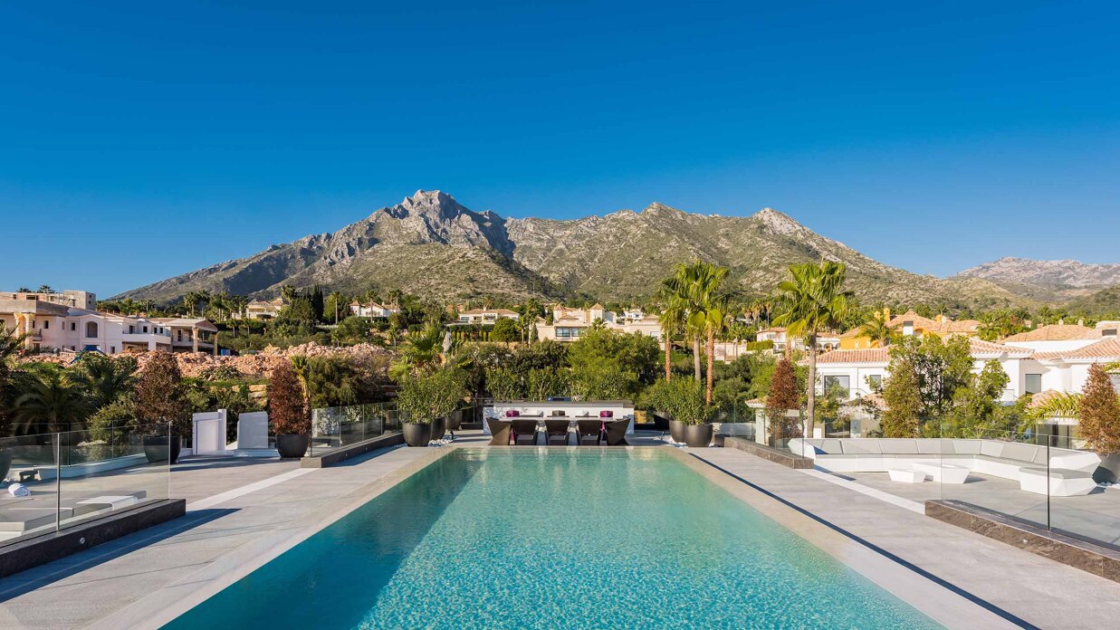 Rooftop of a Sierra Blanca mansion, with La Concha in the back