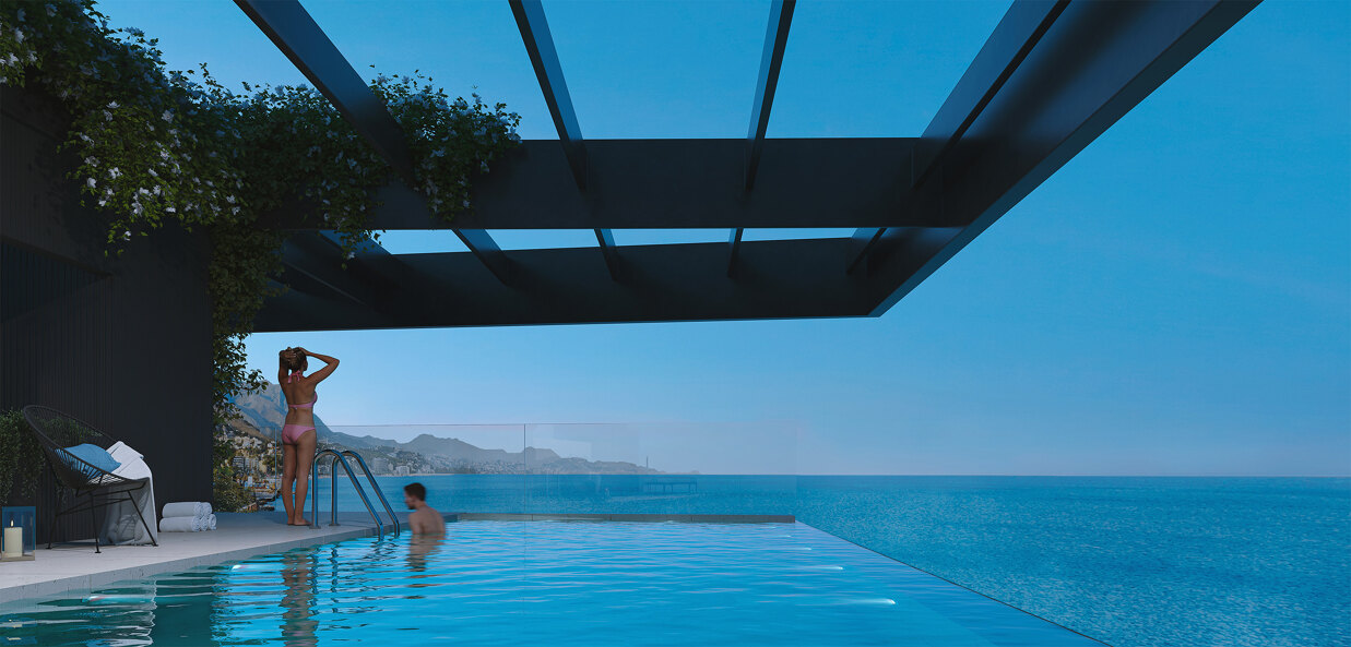 Octavia’s rooftop infinity pool offers panoramic Mediterranean views, bringing a luxurious resort experience at home. Luxurious amenity