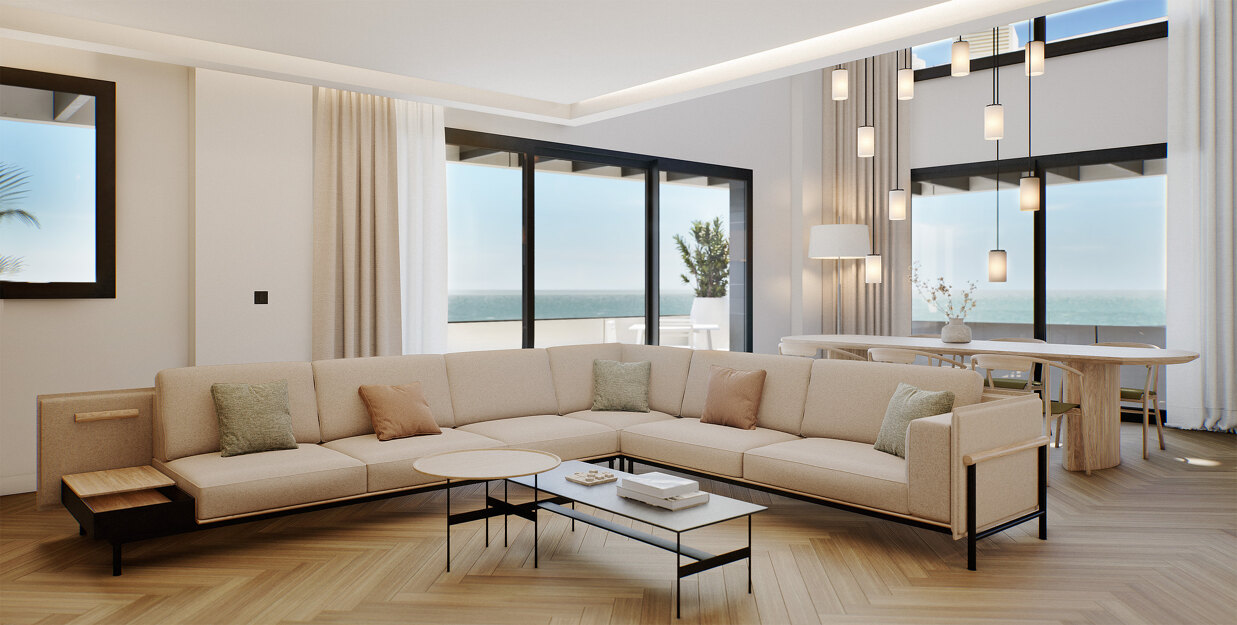 The interior of the living room of one of the duplex penthouses in Octavia Malaga, enjoying premium finishes and fantastic views of the Mediterranean Sea