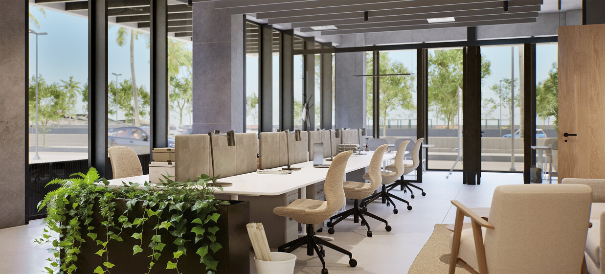 Octavia’s co-working space offers a professional setting at home, blending business efficiency with abundant natural light for an inspiring work environment.