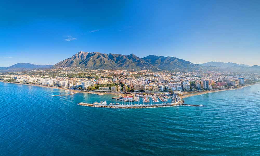 An aerial perspective of Marbella’s coastline.