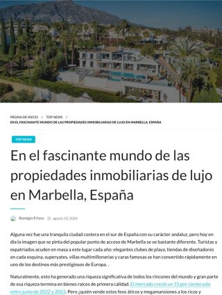 Article titled ‘En el fascinante mundo de las propiedades inmobiliarias de lujo en Marbella, España’ featuring Homerun Brokers and a photo of a luxury villa, published in Info Cancha, Spain.