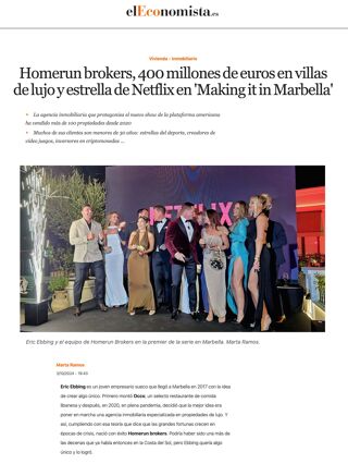Cover of El Economista article about Homerun Brokers, including the company logo and financial graphics.