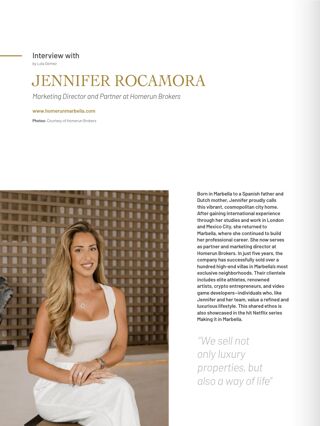 Interview feature with Jennifer Rocamora, Marketing Director and Partner at Homerun Brokers, in Design Marbella magazine, Spain.