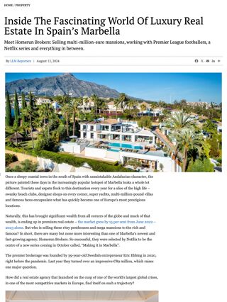Article titled ‘Inside the Fascinating World of Luxury Real Estate in Spain’s Marbella’ featuring Homerun Brokers and a photo of a luxury villa, published in Luxury Lifestyle Magazine, UK.