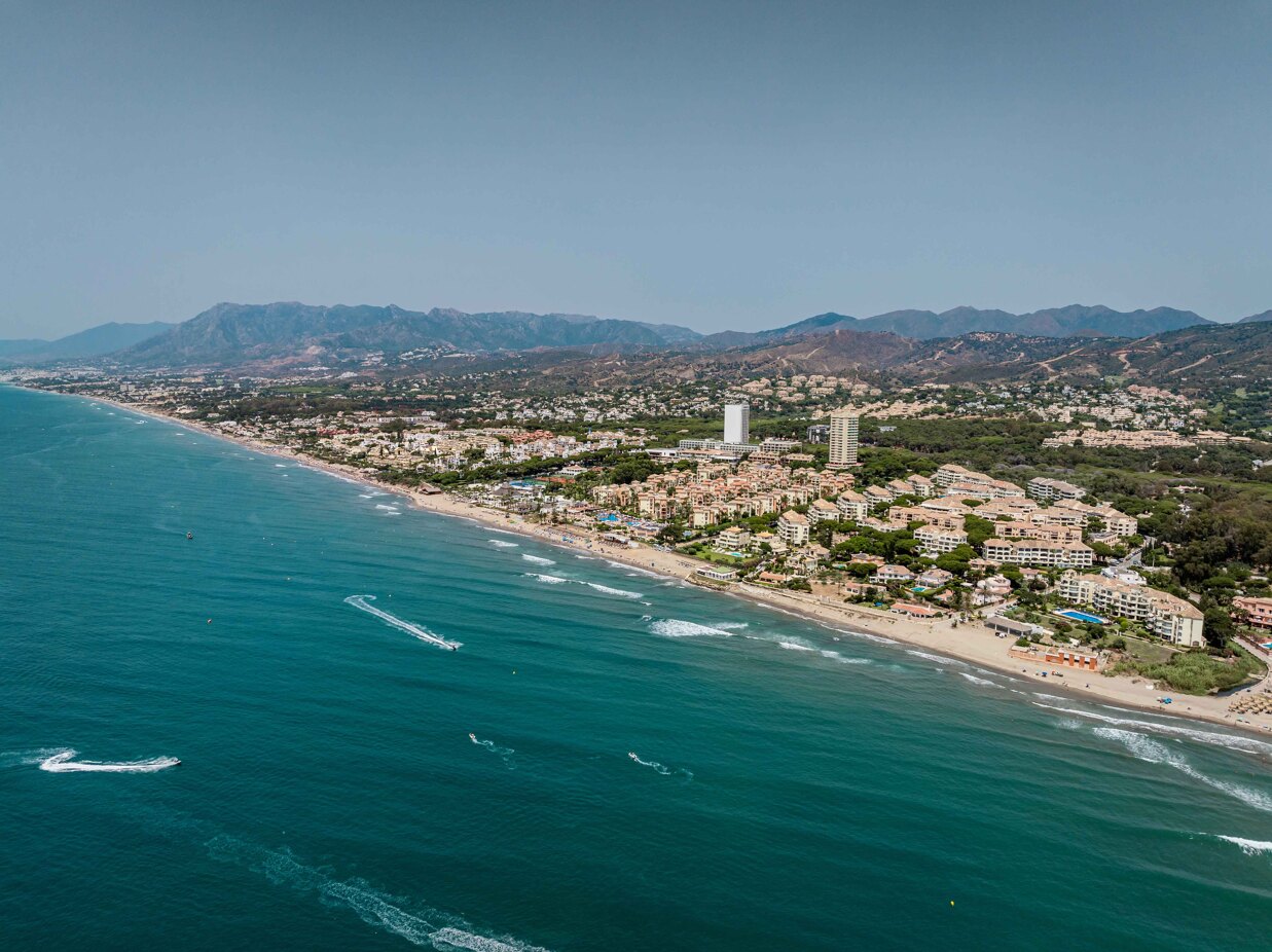 Aerial view of Elviria's coastline in Marbella East