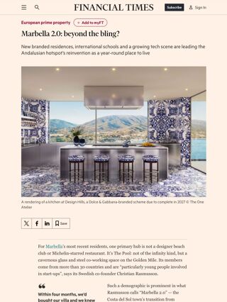 Headline ‘Marbella 2.0: beyond the bling?’ featuring the Homerun Brokers logo and a luxury interior design.
