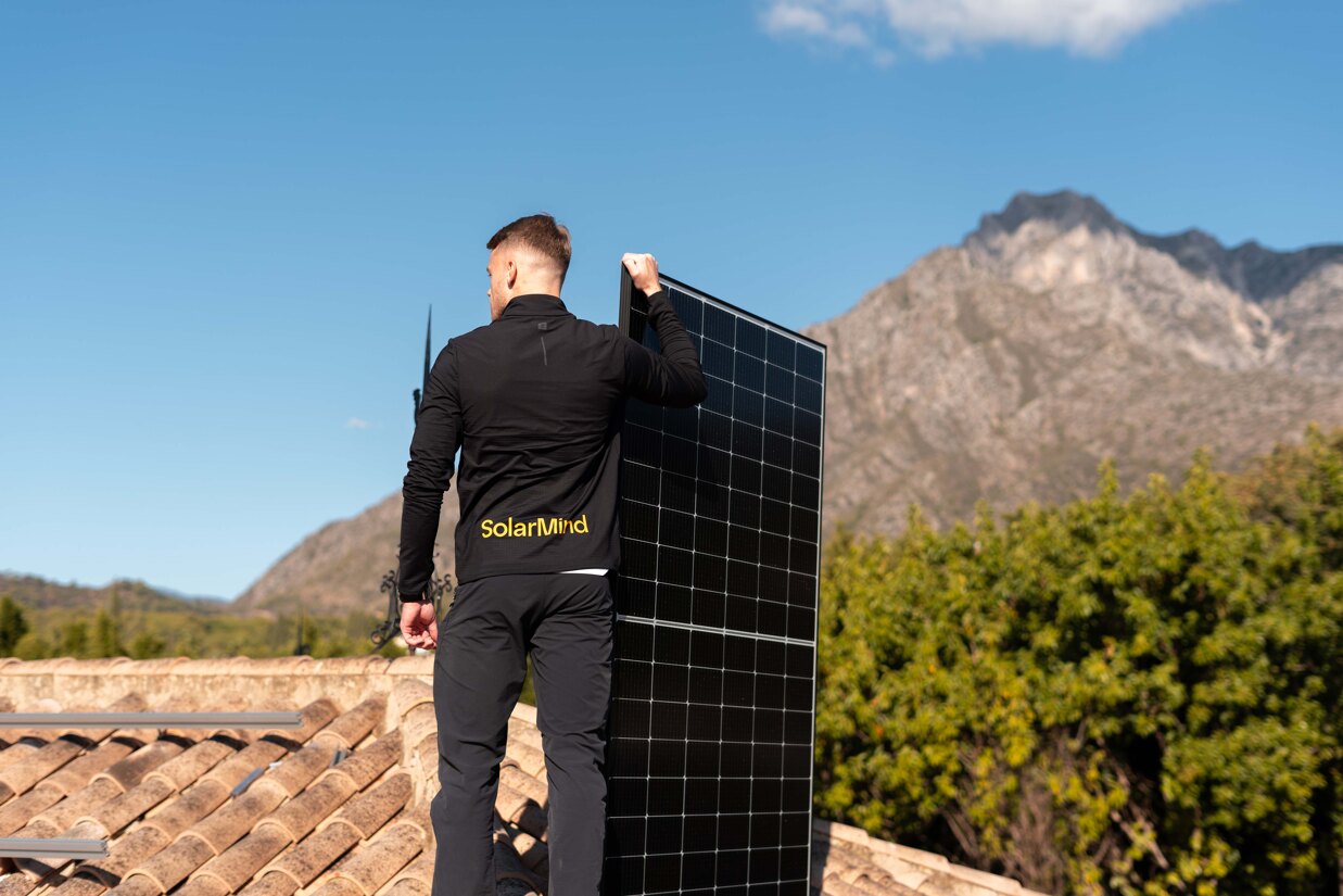 Solar panels installed on a luxury villa roof for sustainable energy and eco-friendly living in Marbella