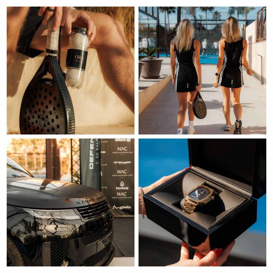 Collage of padel tournament moments in Marbella, showing players, sponsors, and prizes from the Homerun Brokers x Range Rover event.