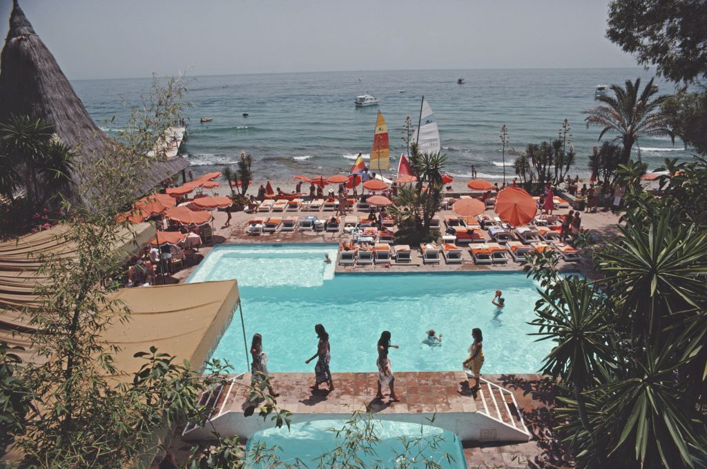 Marbella Club 1950s historic photo and contemporary Golden Mile villa terrace with sea views