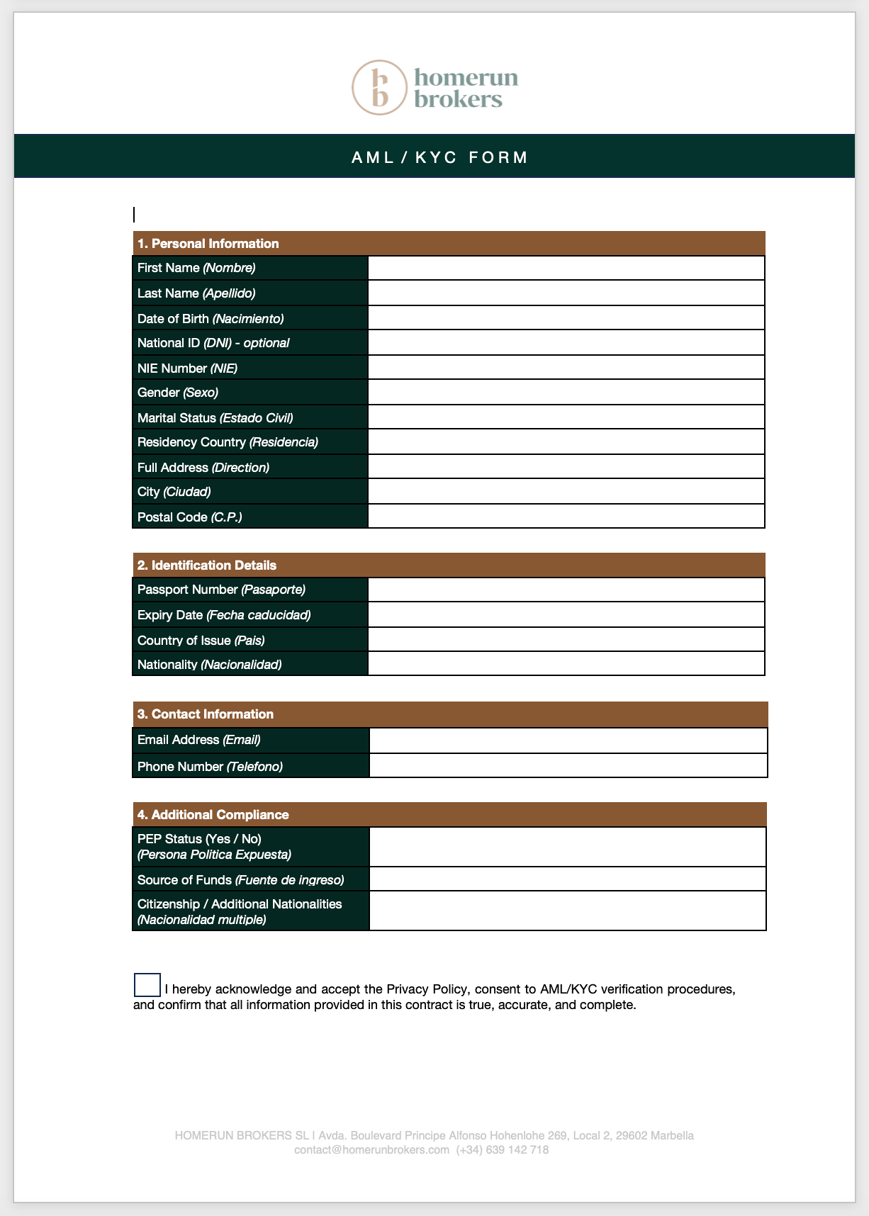 Example of AML KYC form used in Spanish real estate transactions