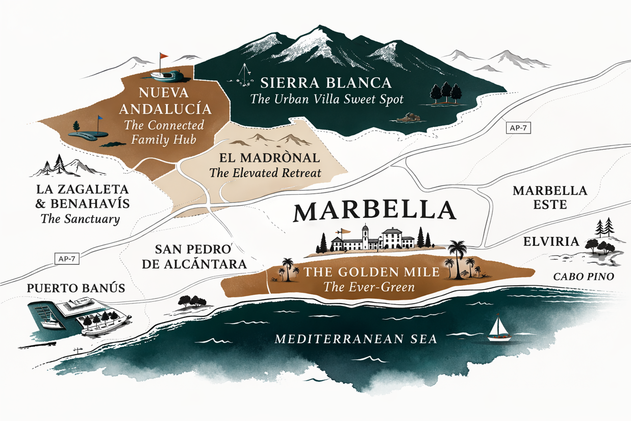 Illustrated map of Marbella highlighting Golden Mile, Nueva Andalucía, La Zagaleta, El Madroñal and Sierra Blanca as prime real estate zones.
