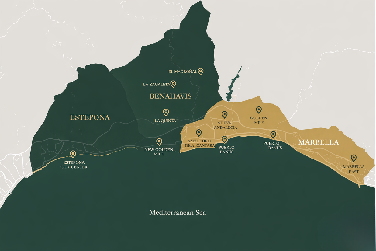 Marbella area guide map showing main areas along the Costa del Sol including Golden Mile, Puerto Banus and Estepona